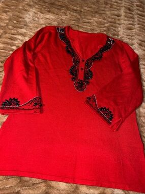 Red Embellished V-Neck Sweater Top